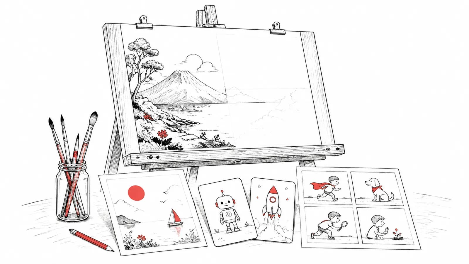 手绘插图：画架上一张画到一半的作品，桌面摊开已完成的海报、卡牌与漫画分格